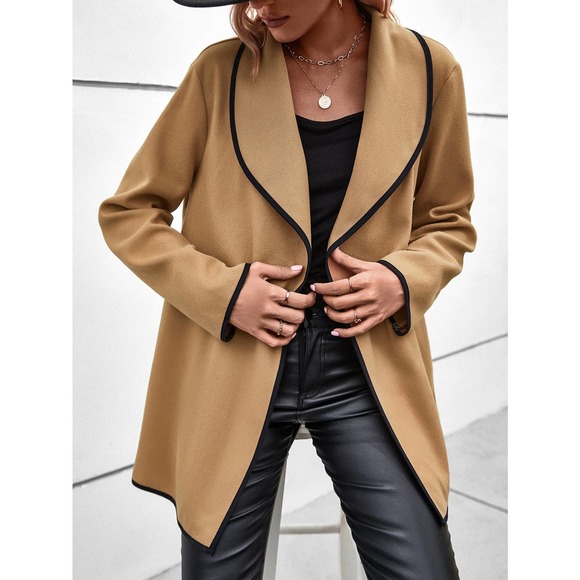 Contrast Binding Shawl Collar Open Front Overcoat pea coat tan camel - Picture 3 of 6